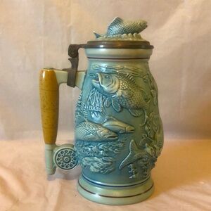 Fishing stein pottery vintage bass, salmon, pike trout, patina to pewter